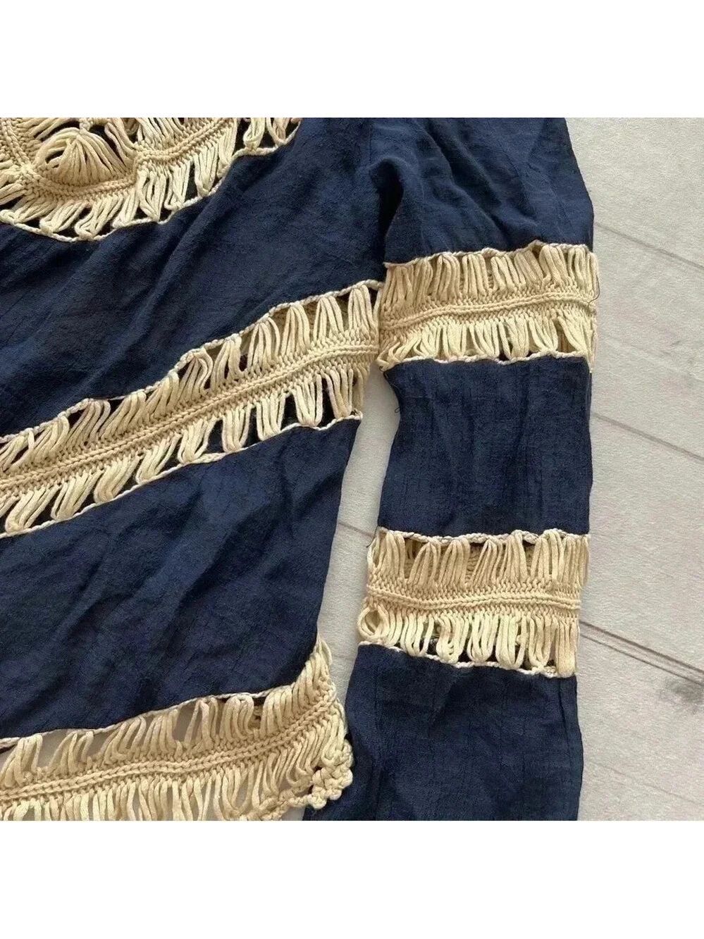 Umgee Long Sleeve Boho Crochet Sheer Top Navy Blue Size L Bohemian - Picture 8 of 14